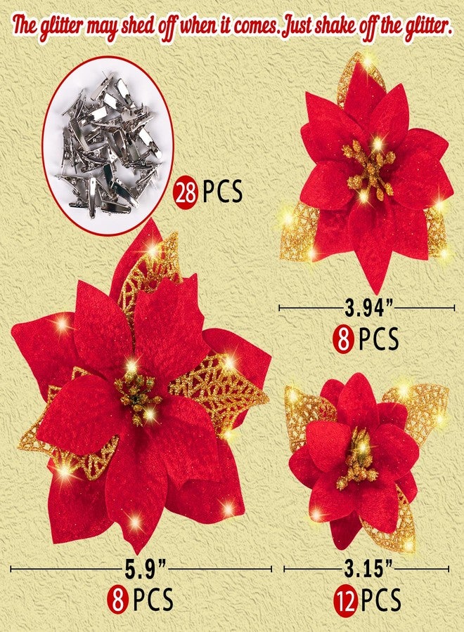 Geefuun 28PCS Christmas Tree Decorations: Poinsettias Artificial Flowers Ornaments Xmas Red Glitter Flower with Clips,3 Sizes Not Included Stems - Image 5